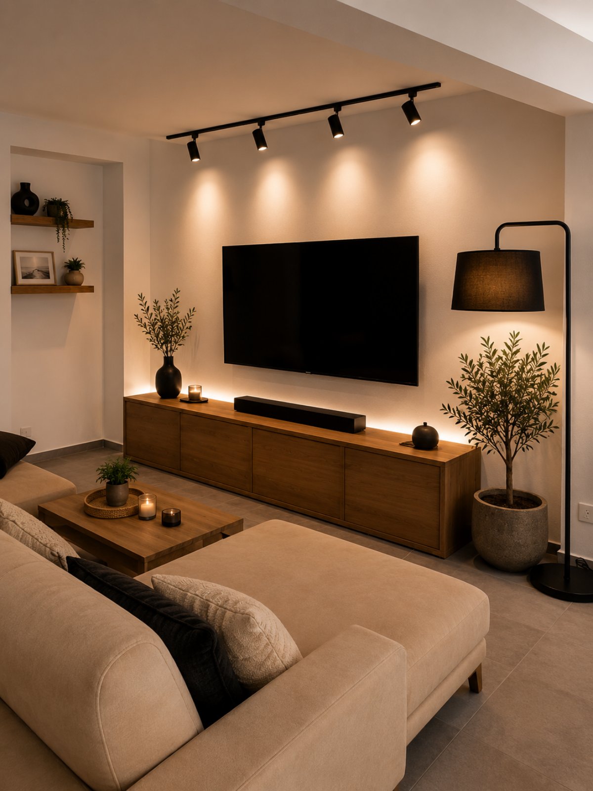 Σαλόνι με Smart TV, κρυφό φωτισμό και γωνιακό καναπέ